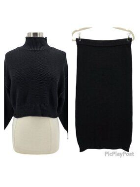 Free People FP Beach Womens Small Hailee Sweater Skirt Set Black Cotton Cropped